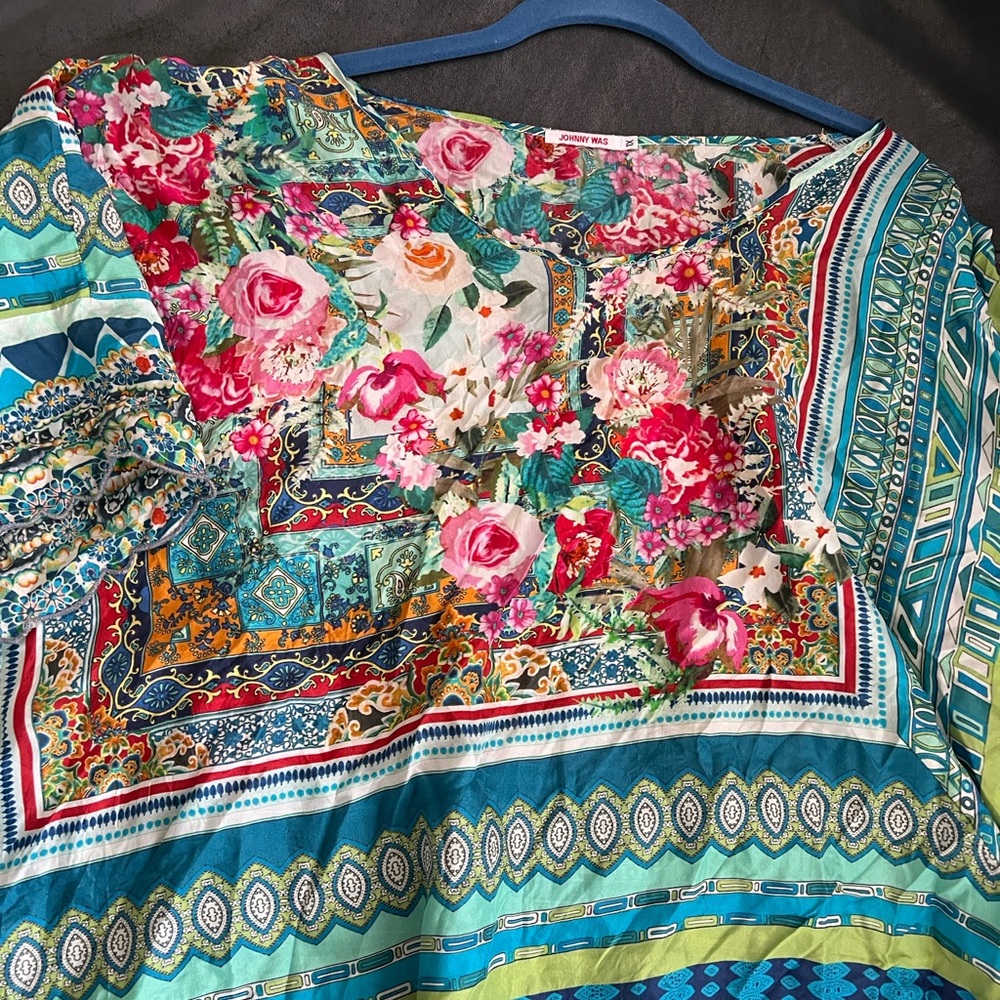 Johnny Was Multicolor Floral Geometric Patchwork silk Tunic - Teal, Pink, Green - Picture 3 of 7